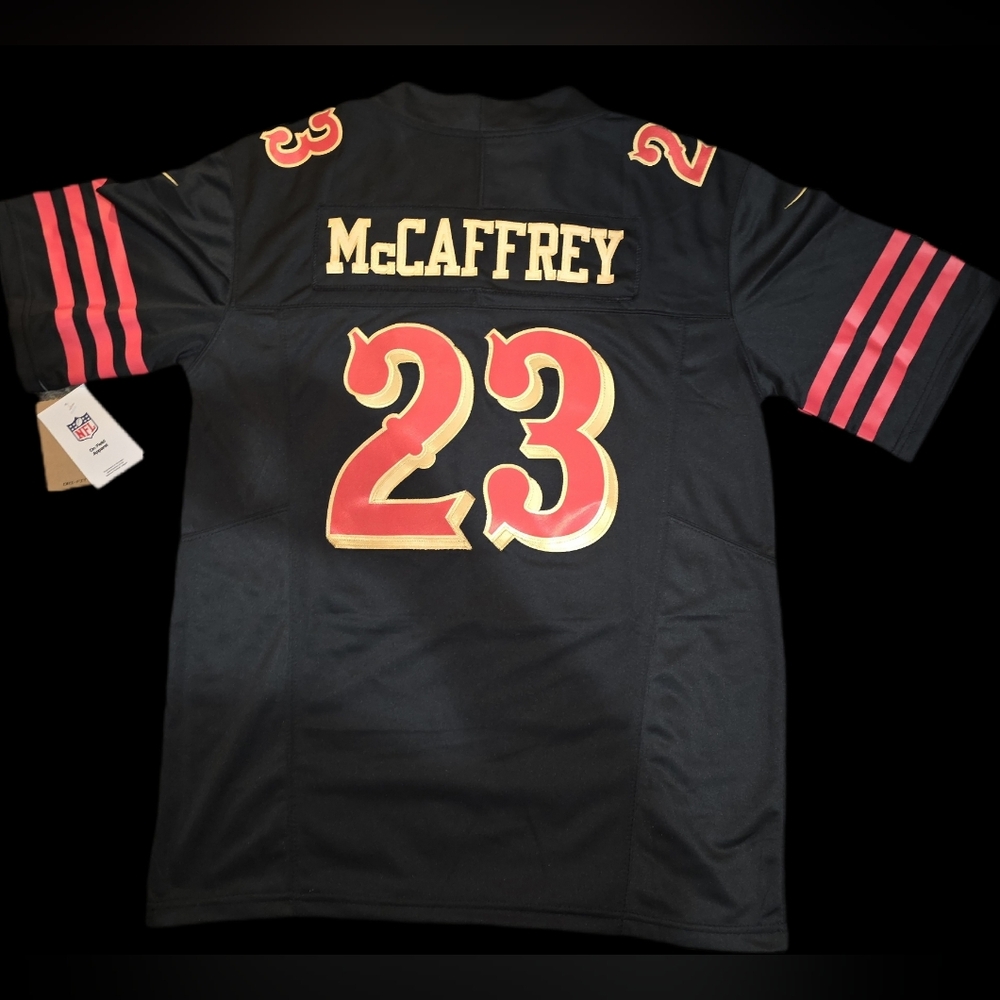 #23 McCaffrey 49ers "The Faithful" Black Jersey Mens - Picture 1 of 3